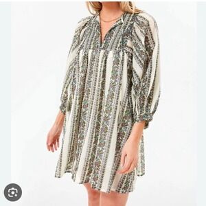 Mille Daisy Balloon Sleeve Goa Stripe Floral Tassel Tie Mini Cotton Dress SZ XS